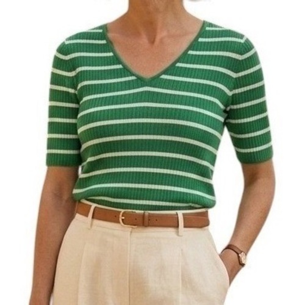 Talbots Womens Green White Striped Ribbed V-Neck Short Sleeve Sweater Size L